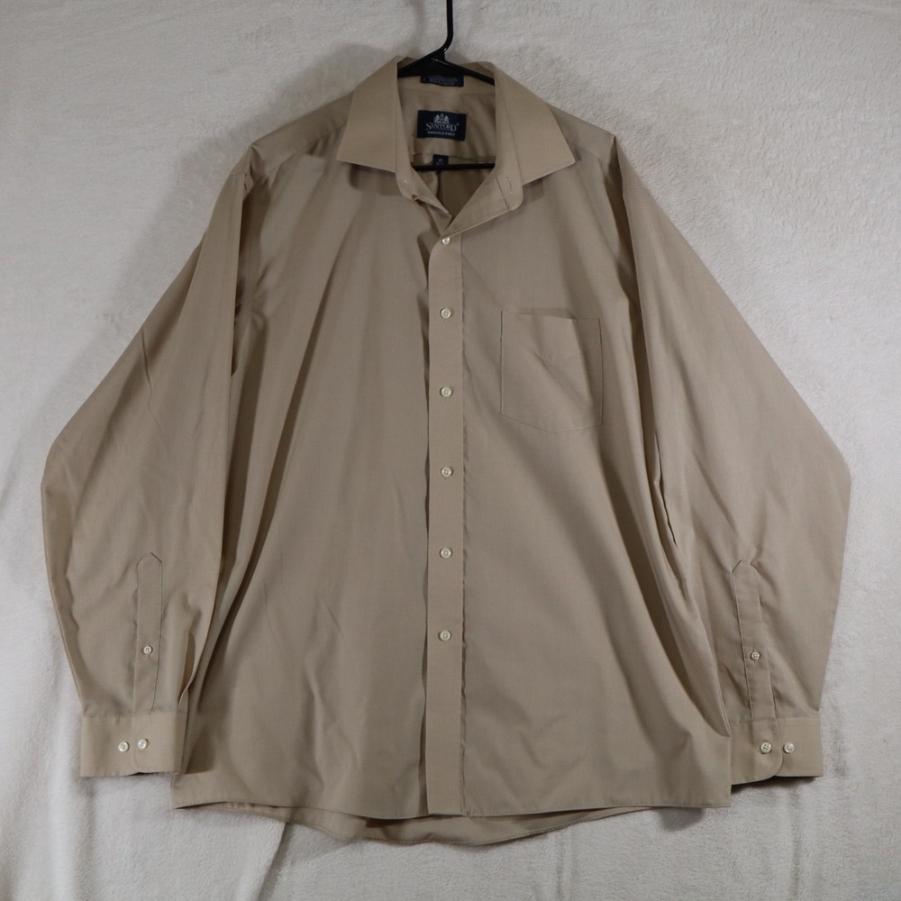 Stafford Men's 17 36/37 Wrinkle Free Dress Shirt Beige Long Sleeve Button Front